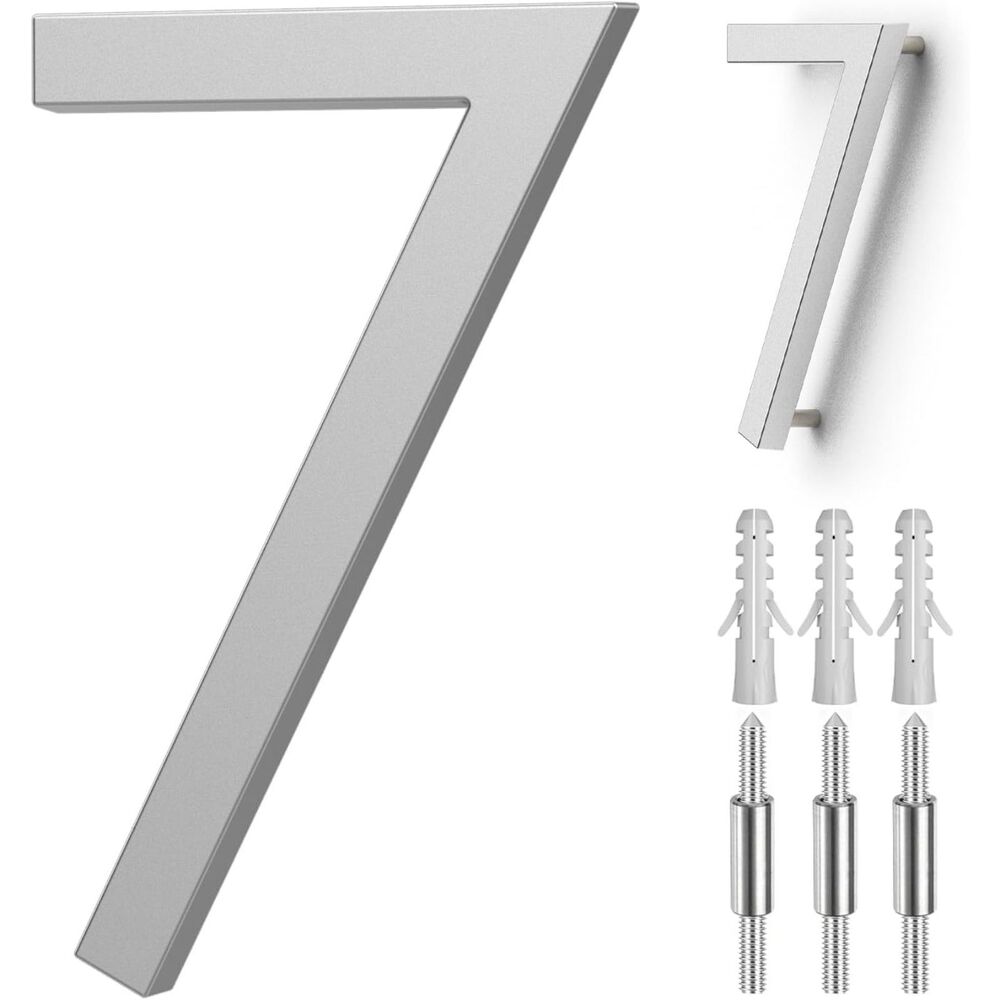 5 Inch Modern Floating House Number "7" – Silver / Satin Nickel